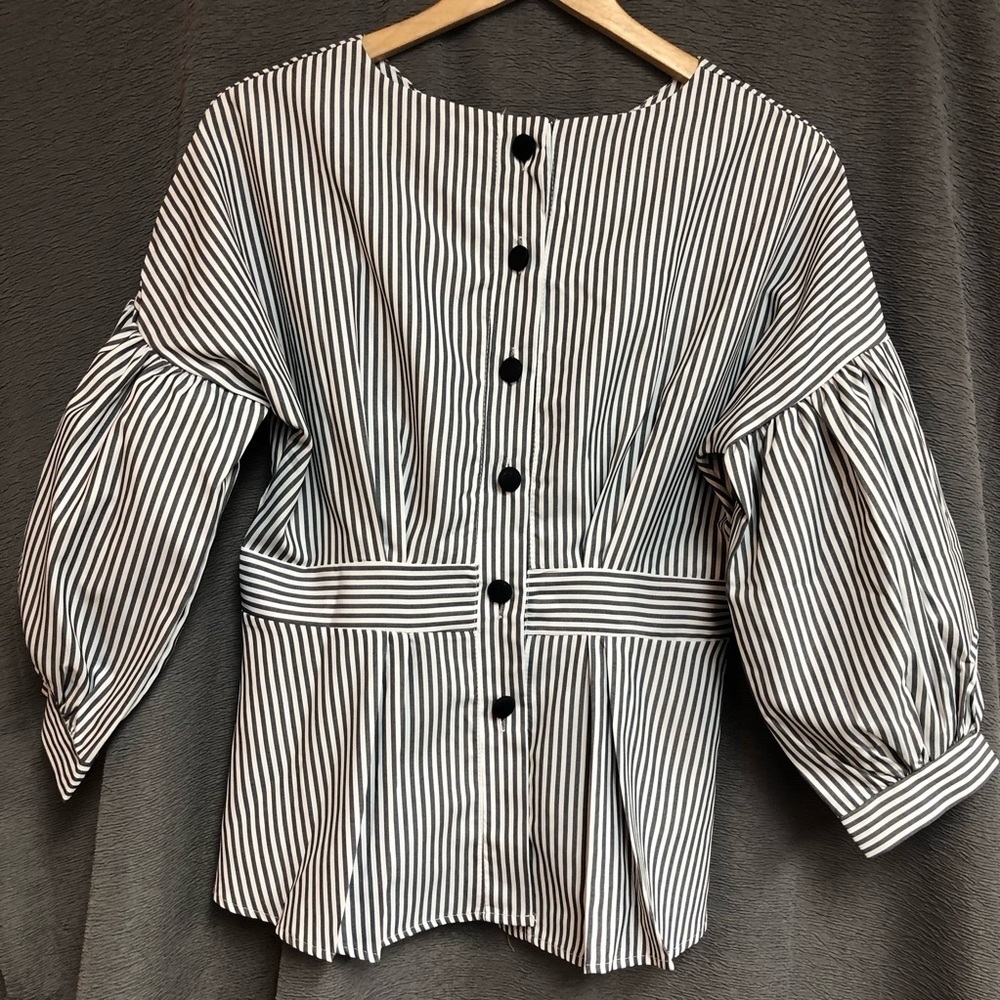 White and gray striped dressy blouse with buttons up the back, waistband - Picture 6 of 12